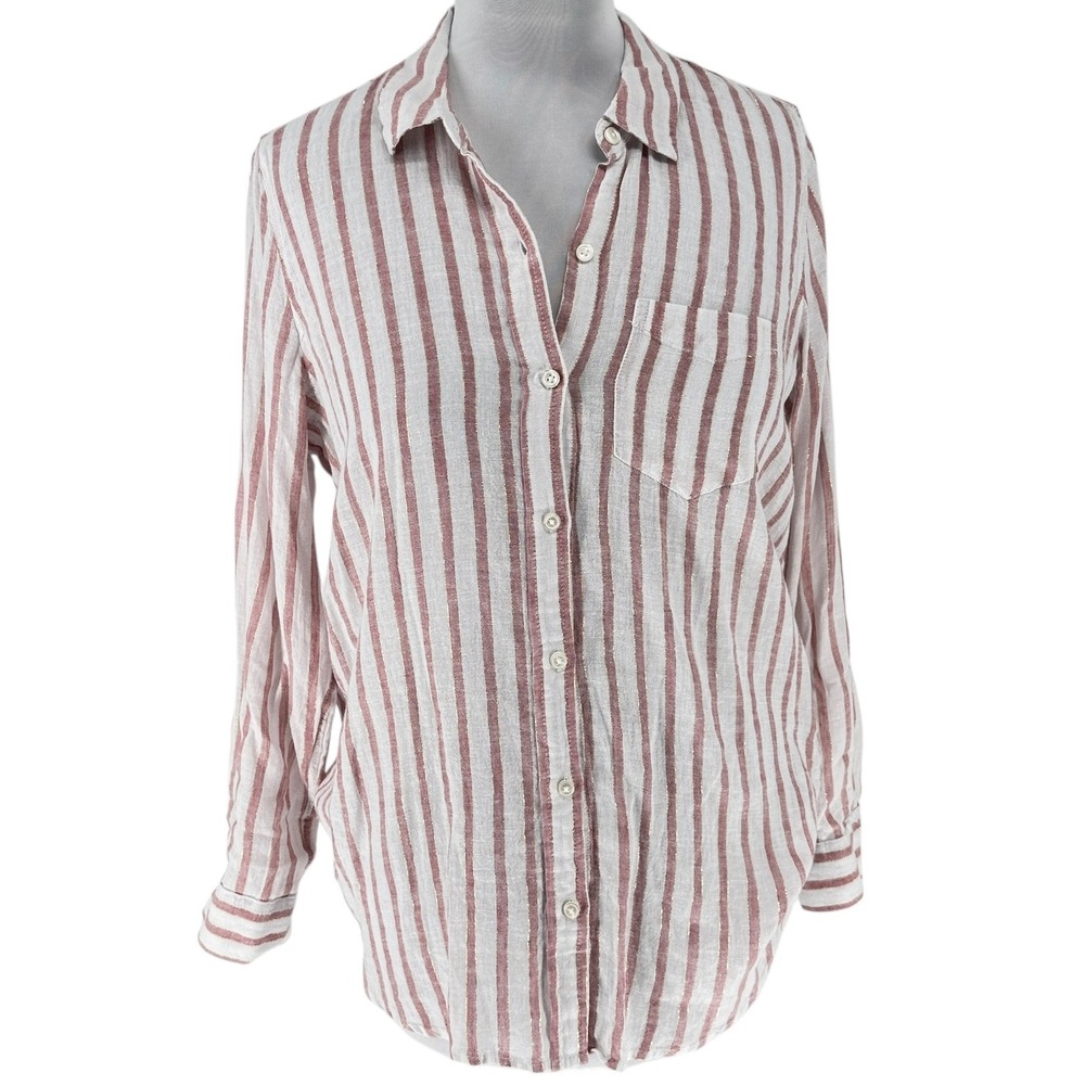 Fleur Bleue Pink Striped White Linen‎ Blend Gold Accent Shirt Long Sleeve SZ L
